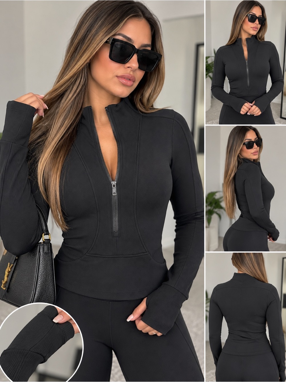 90 Degree By Reflex Black Zip-Up Ribbed Long Sleeve Top